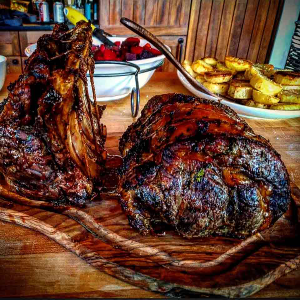 A prime rib roast displayed after cooking