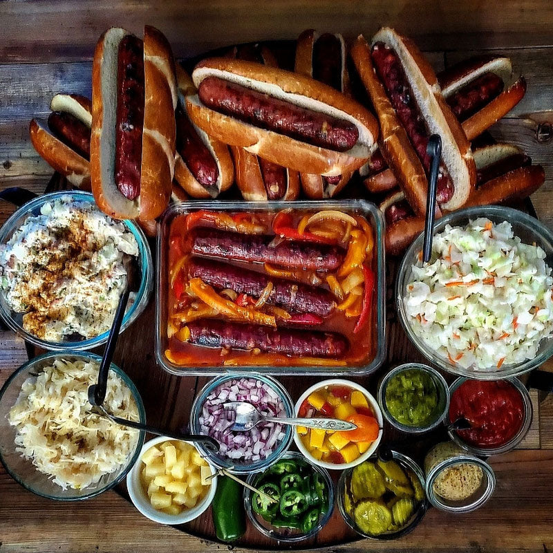 A charcuterie-style hot dog board from Felton Angus Beef
